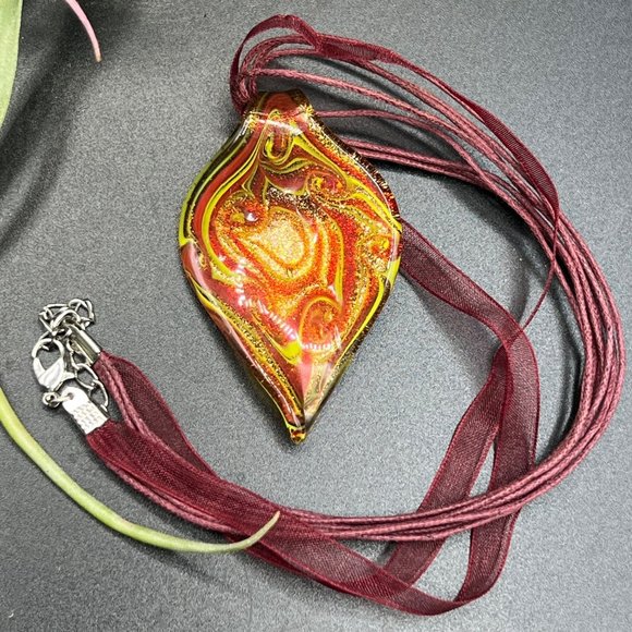 Glass Pendant Ribbon Cord Necklace Handmade Orange Red Fashion Jewelry - Picture 4 of 6